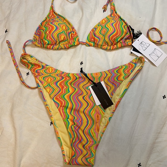 Kendall + Kylie 3 Piece Multi Swirl Swimsuit Set Size Large Pink Orange Blue - Picture 3 of 7